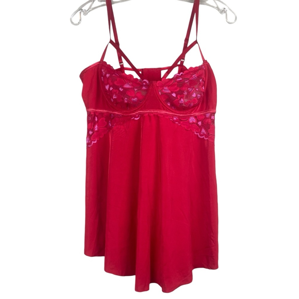 NWT Red Baby Doll Lingerie Top Built in Bra I Collection Hearts & Lace Size 1X